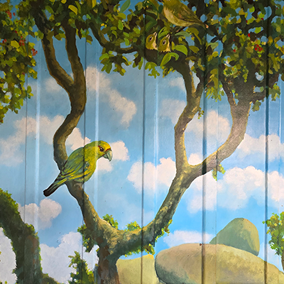 Kākāriki Mural by Doug Ford – A Touch of Nature at the Best Cat Boarding in Auckland Mural of a Kākāriki bird in a native New Zealand tree, painted by Doug Ford at the best cat boarding in